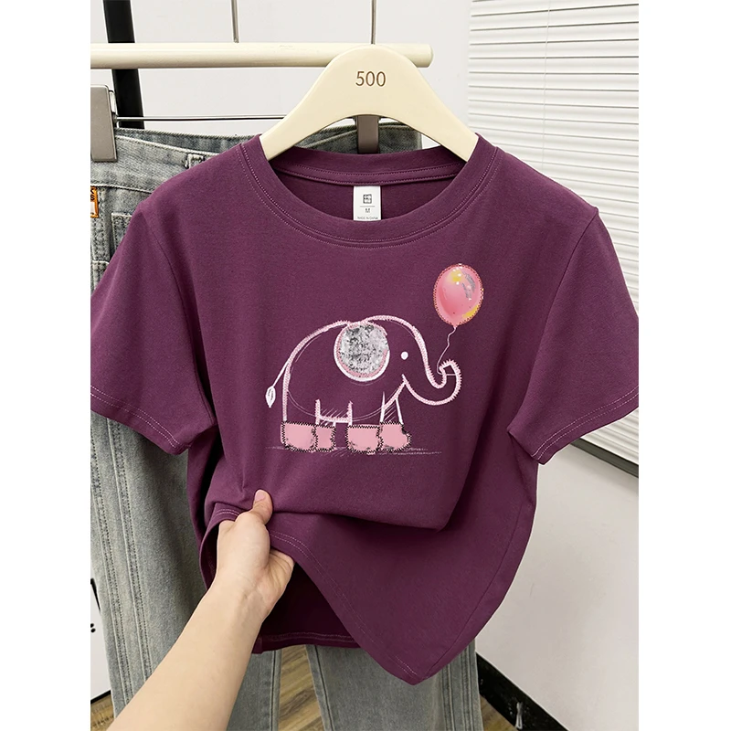 别致圆领正肩短袖T恤女夏季2025新款爆款时尚洋气印花胖mm上衣ins