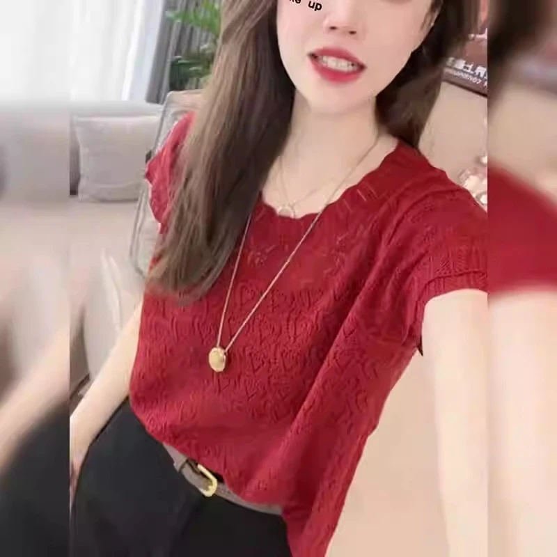 法式气质镂空设计感短袖针织衫女夏季新款小个子洋气减龄显瘦上衣