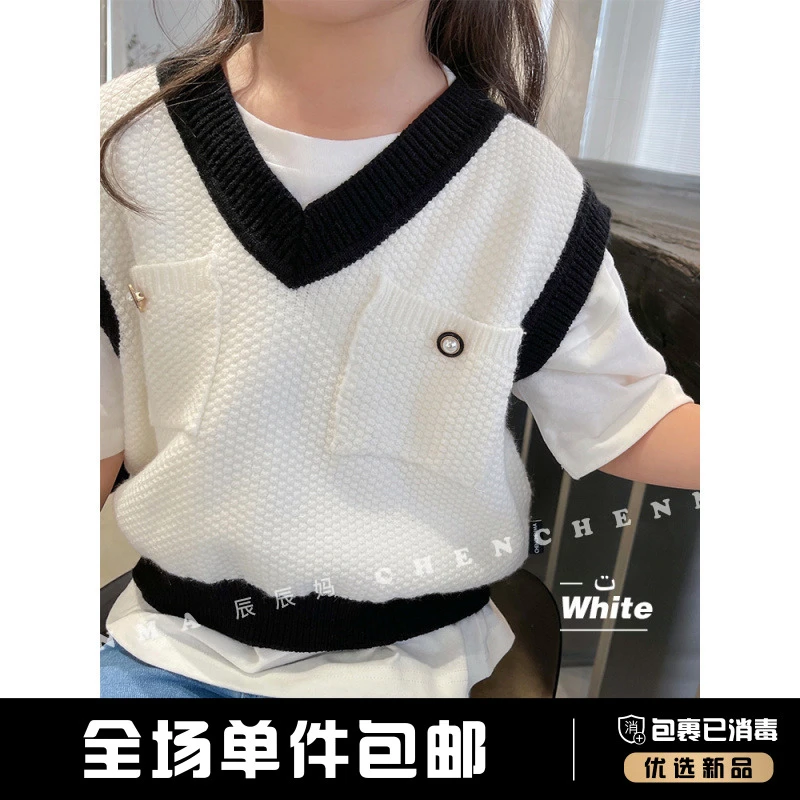 xp【宠粉福利】A撞色V领毛衣背心休闲针织衫女童装马甲1452Y