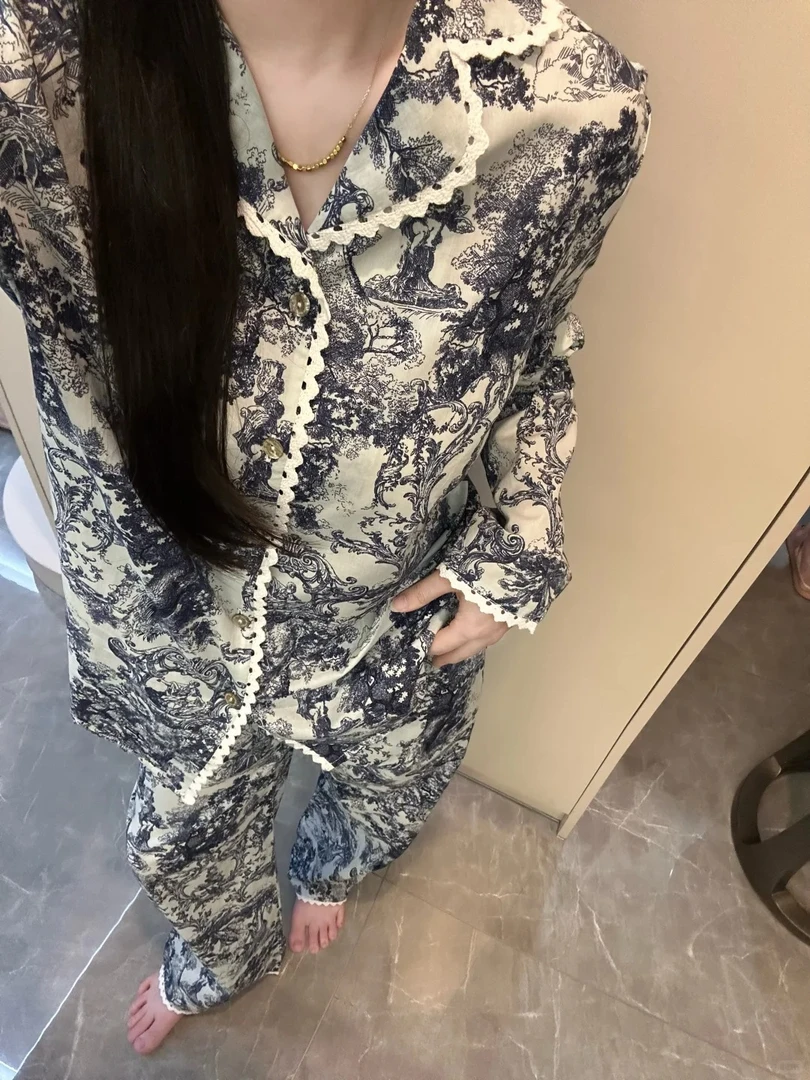 新中式国风水墨青花瓷睡衣女秋季新款长袖长裤套装大码宽松家居服