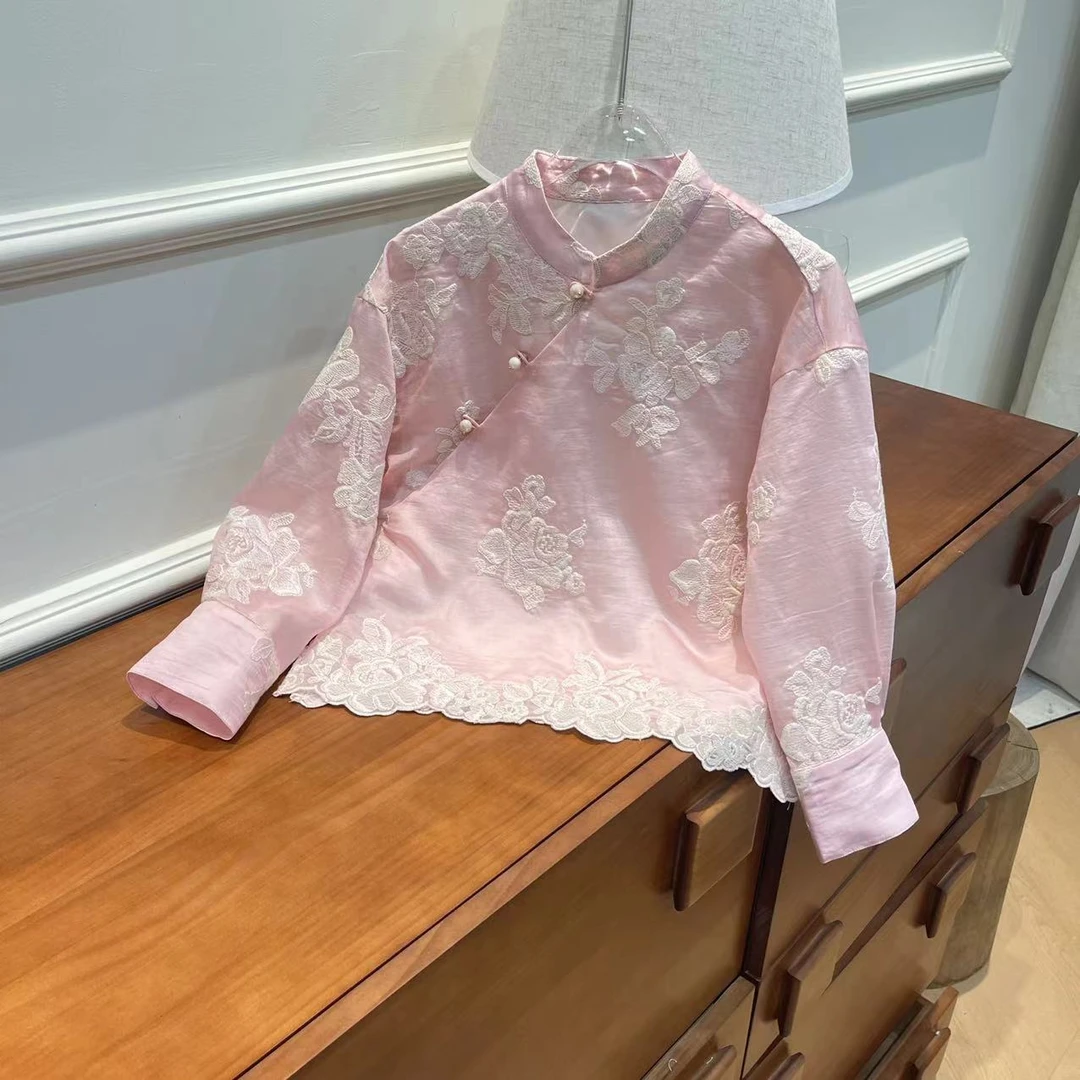 【喜儿定制】X春季新款百搭时尚粉色衬衫长袖内衬汉服休闲中大童
