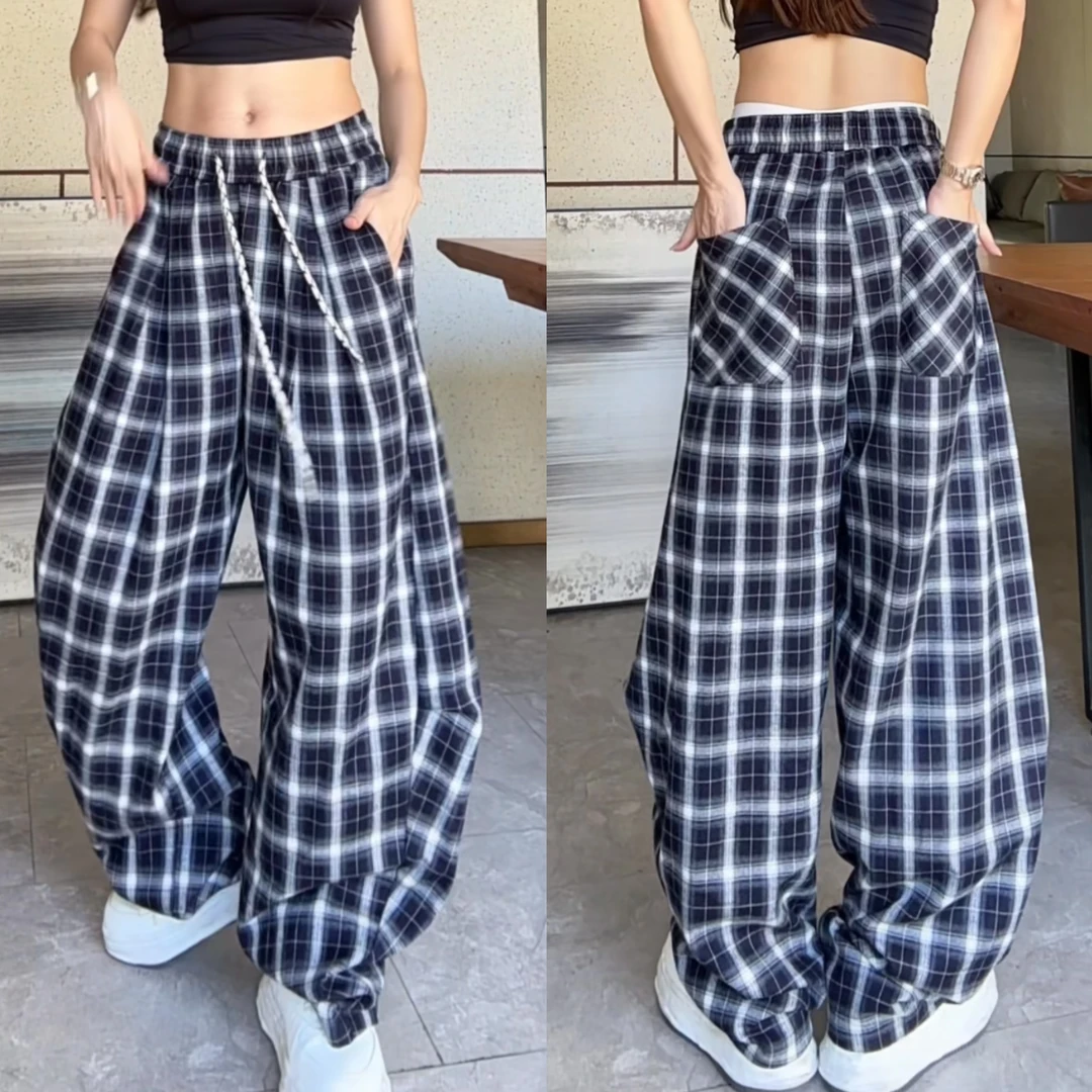 直筒裤长裤新款阔腿裤格纹休闲裤显瘦宽松洋气百搭裤5801