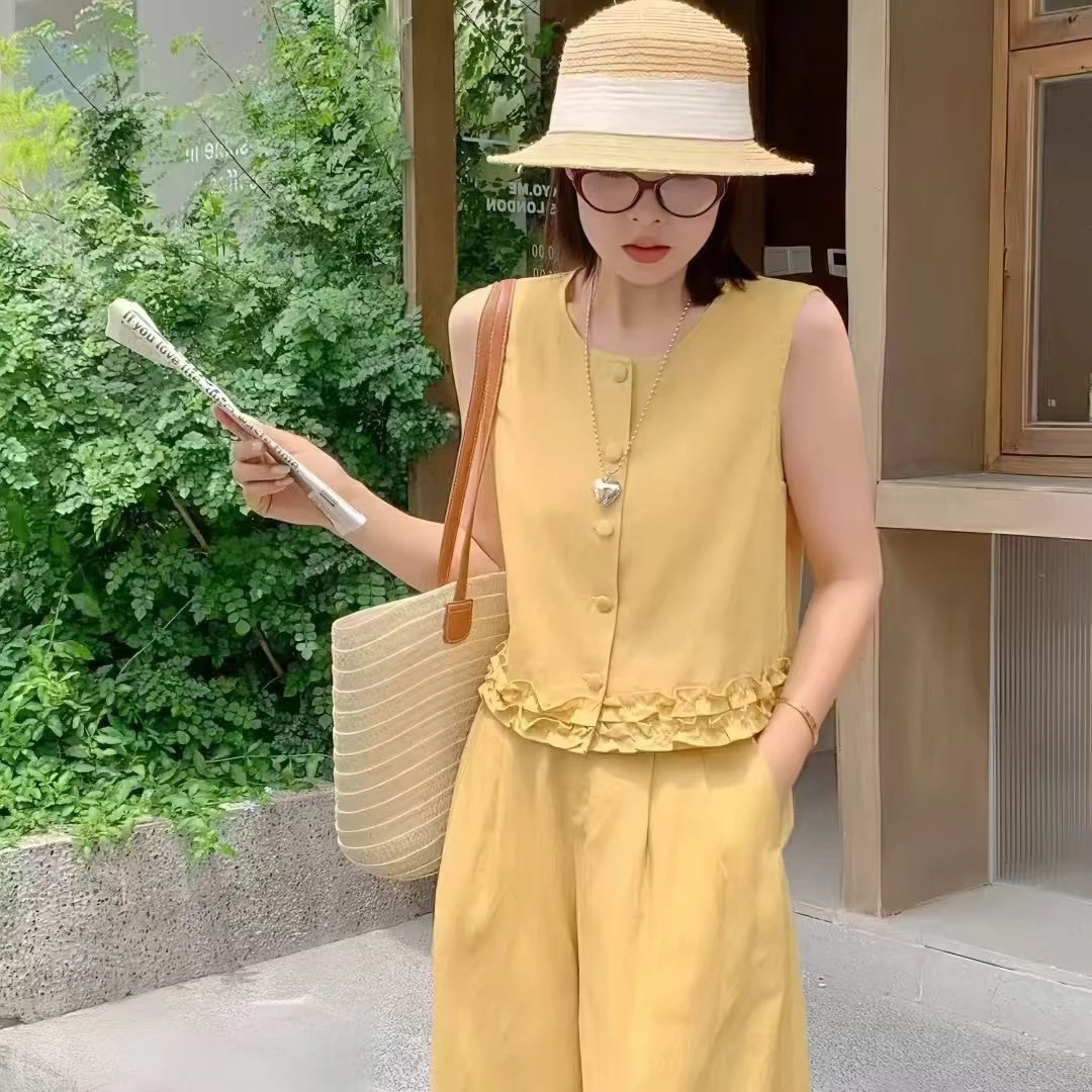 韩系贵气感时尚无袖短上衣搭配休闲阔腿裤棉麻套装女夏季