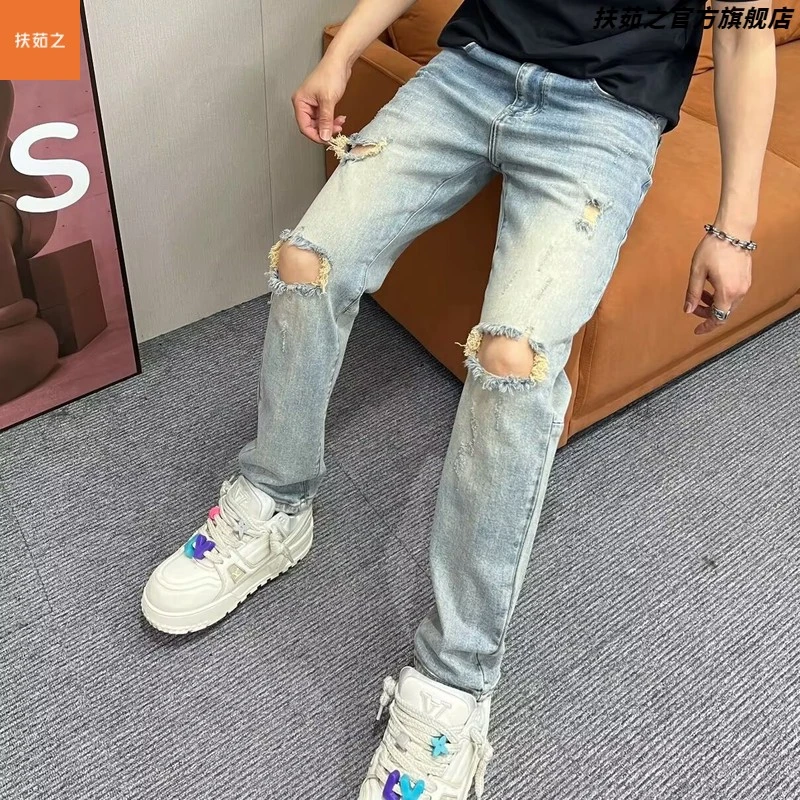 高端复古破洞牛仔裤男修身小直筒2025夏季新款刮烂弹力休闲乞丐裤