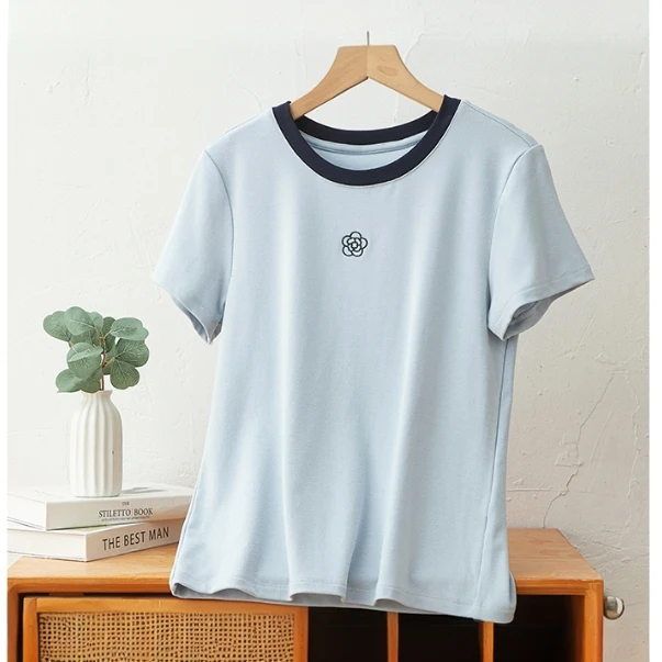 撞色山茶花刺绣女款短袖2591