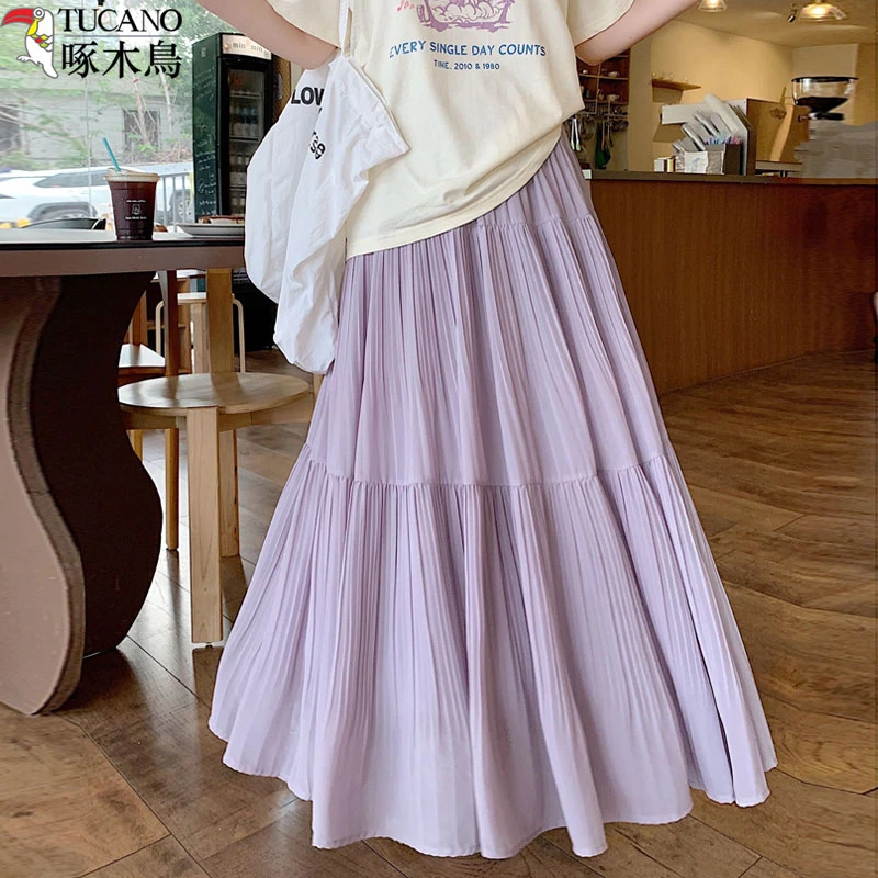 TUCANO/啄木鳥韩系雪纺百褶半身裙女2025夏季新款高腰显瘦蛋糕裙