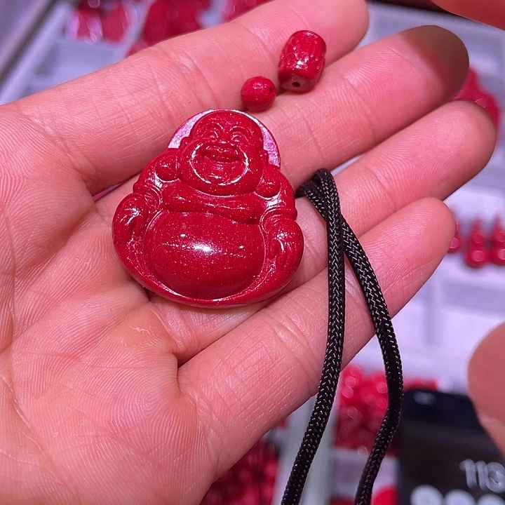 天然辰砂红晶砂弥勒佛吊坠