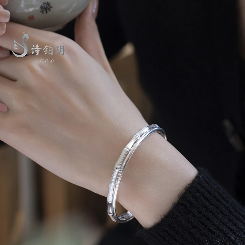 足银手镯 双环竹节手镯 诗铂玥银饰银韵竹节国风手镯 999足银首饰