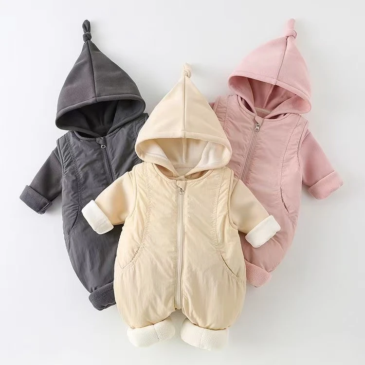 男女宝宝连帽连体衣加绒秋冬季婴儿连体衣家居外出爬服哈衣洋气潮