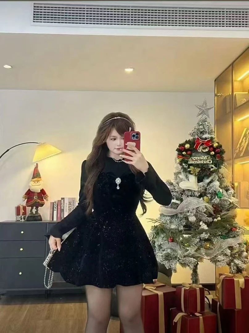 复古叠穿丝绒吊带裙套装女秋冬胖mm气质显瘦高级感两件套8557