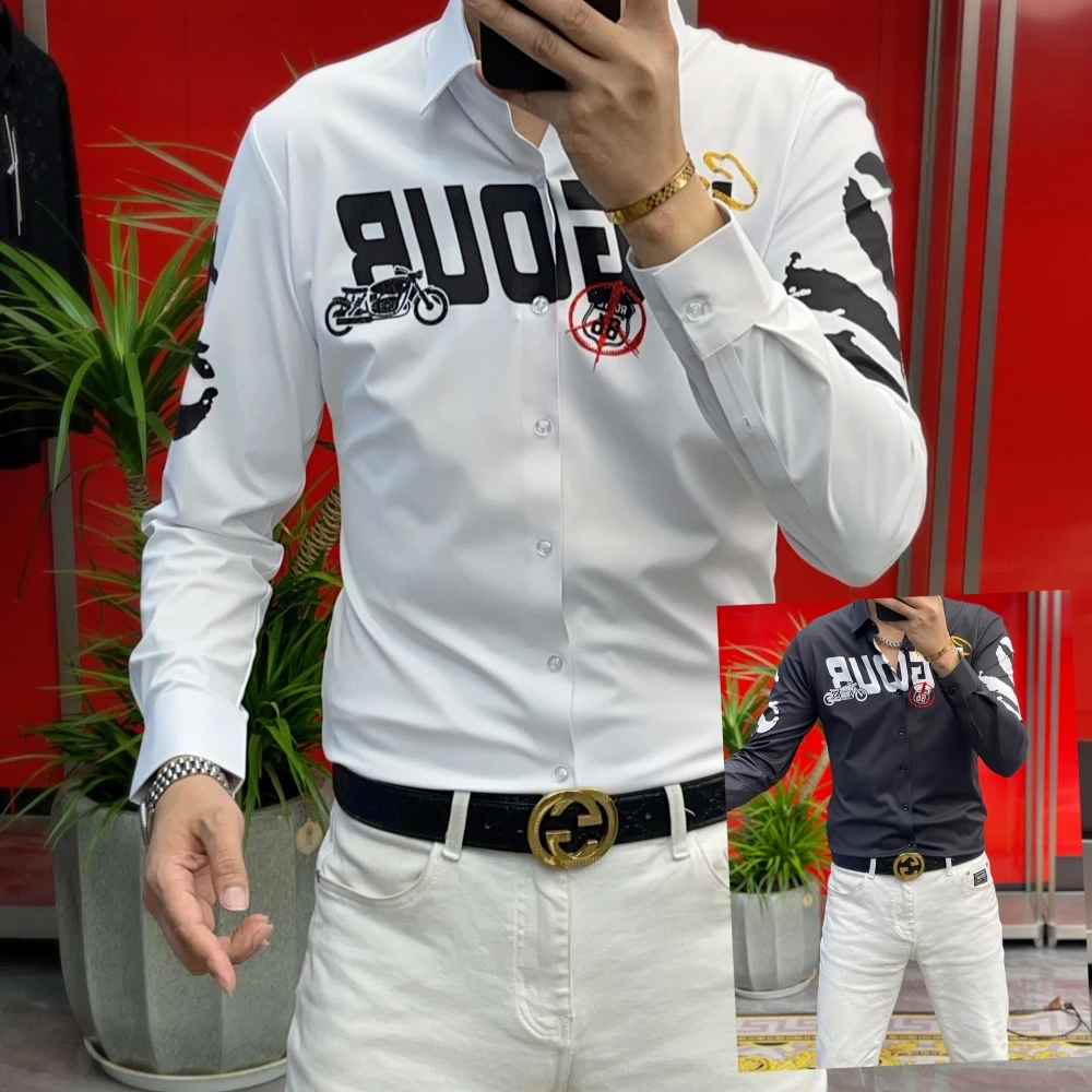 男士春季衬衫2025新款潮男百搭潮流修身长袖高端休闲印花商务上衣