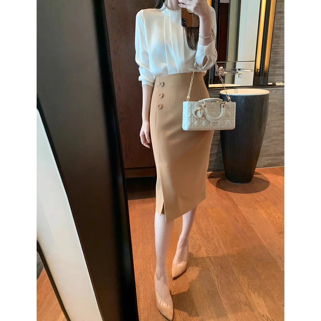 【6673单件-YR】气质半身裙洋气通勤半身裙开叉时尚百搭