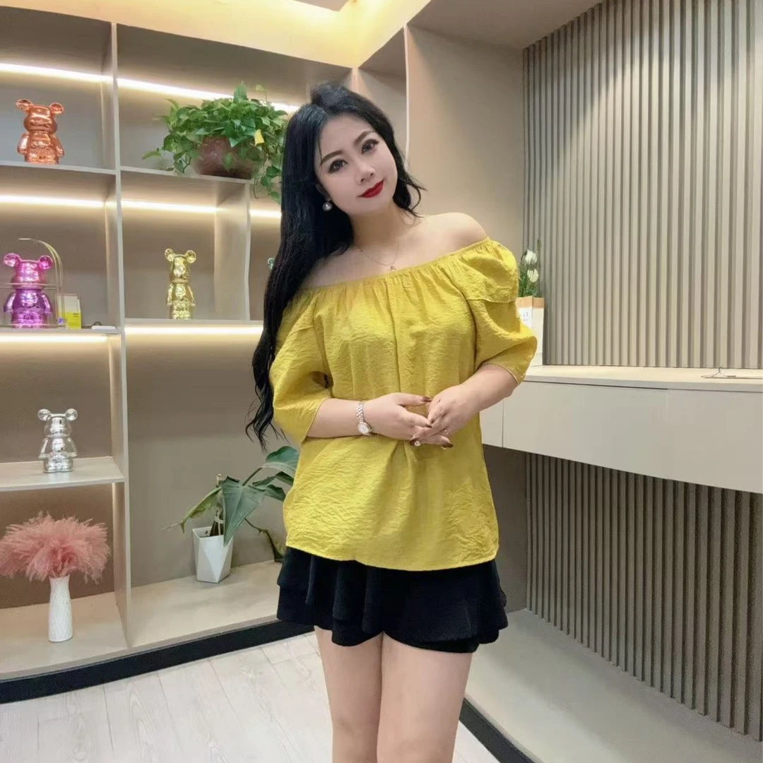 夏季半袖-千 24355 时尚潮流一字肩压褶显瘦款胖MM大码女装新款