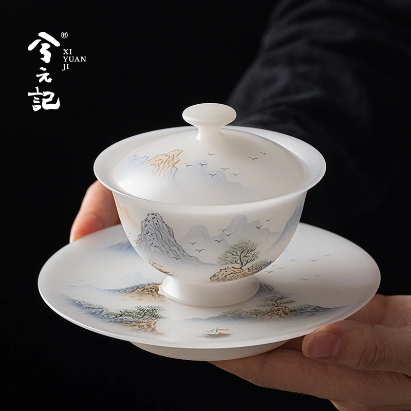 手绘冰种玉瓷三才盖碗茶杯单个高档家用茶碗带盖陶瓷泡茶功夫茶具