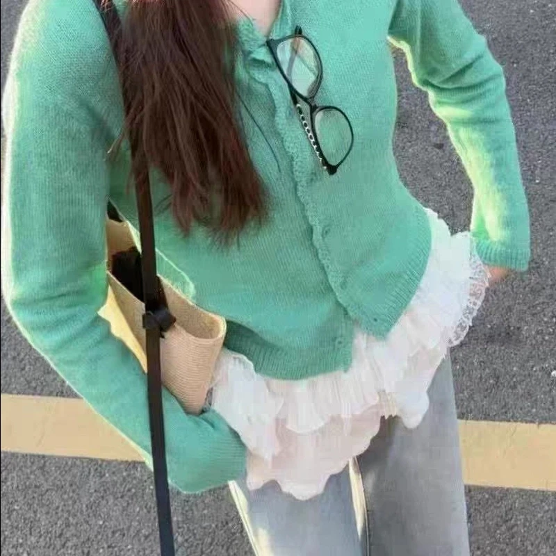 绿色高级感花边针织开衫女春夏新款外搭宽松马海毛时尚毛衣女外套