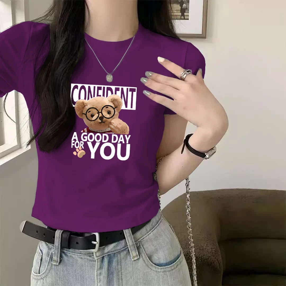 短款上衣女2025夏季新款紫色圆领纯棉短袖t恤显瘦百搭时尚印花潮