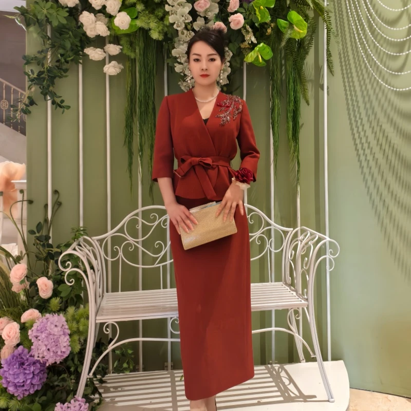 欧妃媛25009小立领日常铅笔裙流光喜婆婆妈妈装2025新款爆款