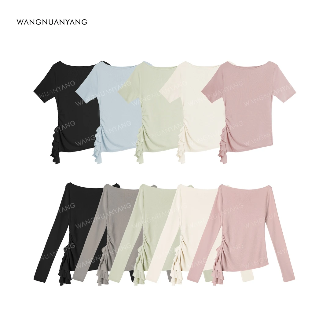 【WNY】桃夭|改良版一字领荷叶风铃边抽皱开叉短袖针织衫