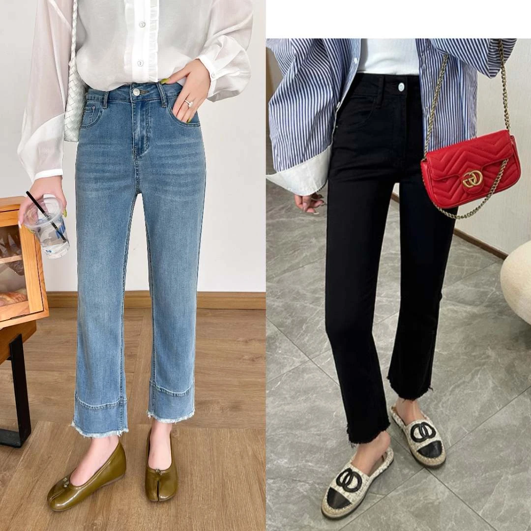 秀米丽 直腿裤王！超薄毛边高腰直筒牛仔宽松九分小个子法棍裤1239