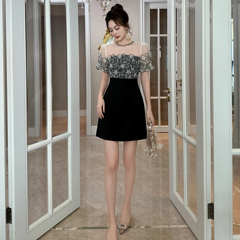 21499 蕾丝显瘦气质夏季复古时尚小众名媛拼接设计感小个子连衣裙