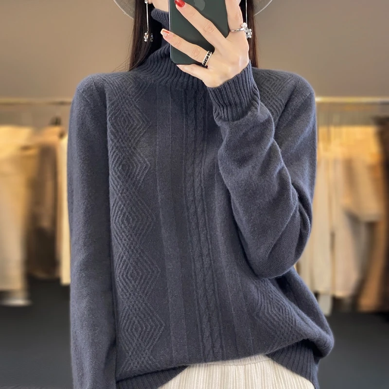 ZHANGLIXI100%纯毛100%羊毛一线成衣高翻领绞花ZM064