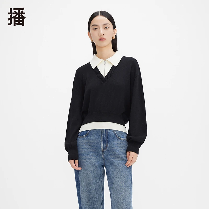播套头绵羊毛拼接撞色毛衣长袖假两件毛衫BDQ4SD1202