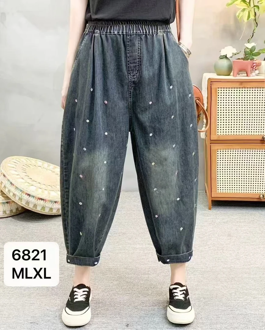 夏季新款百搭时尚磨白高腰哈伦裤潮流水洗休闲牛仔裤6821