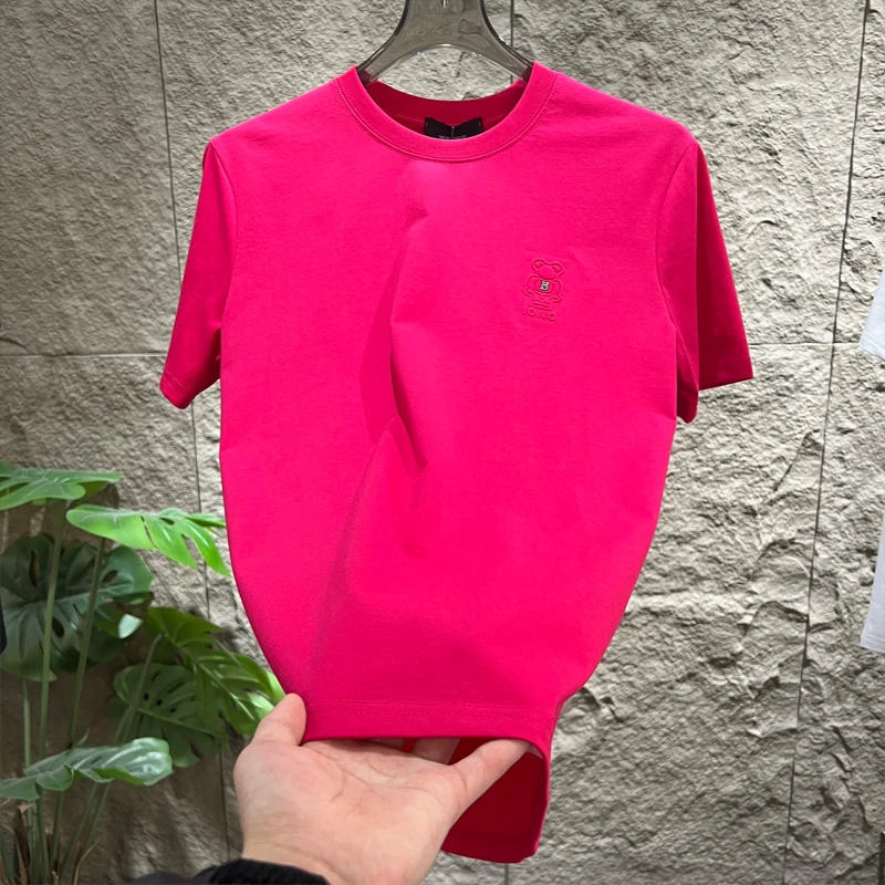 男士春季新款潮流百搭纯色钢印小熊短袖T恤圆领休闲简约上衣ins潮