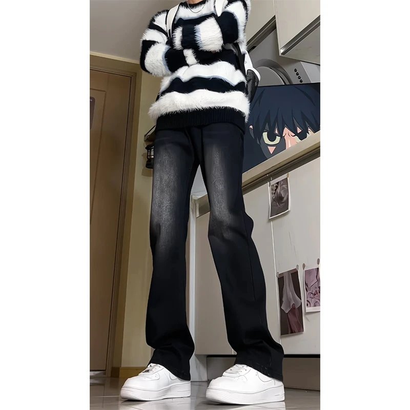 美式弹力加绒弯刀男士牛仔裤少年复古黑百搭直筒裤vibe显瘦微喇裤