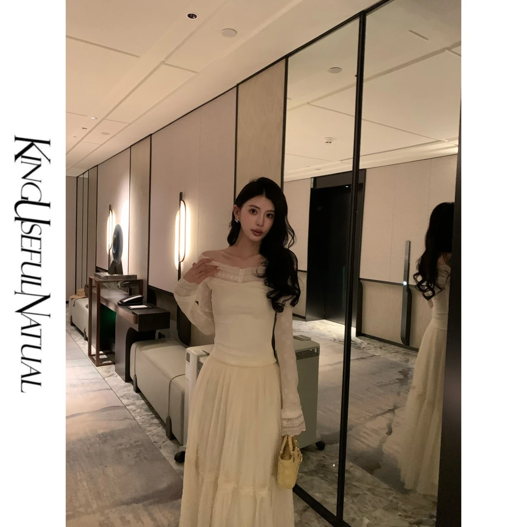 KUN【白蔷薇】纯欲白月光 一字肩蕾丝针织衬衫女高级感气质上衣春季