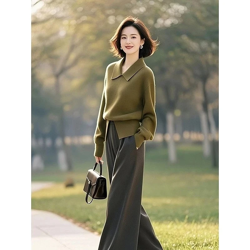 气质一整套穿搭小众不撞款独特漂亮绿色针织衫休闲裤子套装女秋季