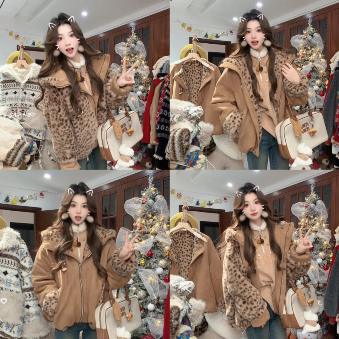 YBB「小豹纹」翻领气质加厚麂皮绒厚外套休闲保暖