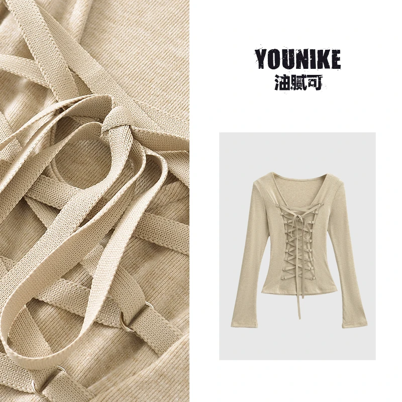 油腻可 纯欲性感交叉绑带V领长袖T恤女冬季修身显瘦紧身打底上衣
