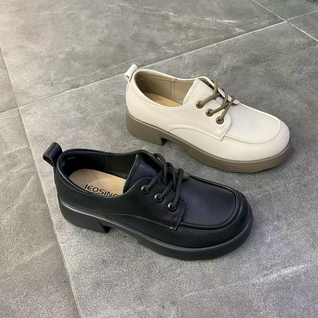 702532701佰诗奴早秋新款2025年牛皮英伦风百搭粗跟透气乐福鞋女