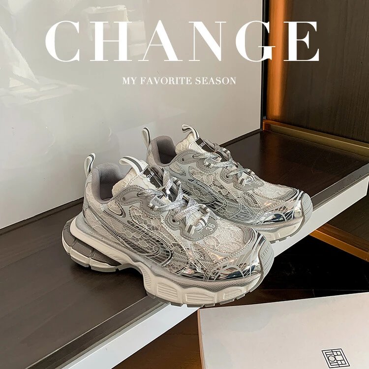 国潮银色透气单网面增高老爹鞋女2025夏季新款真皮蕾丝休闲运动鞋