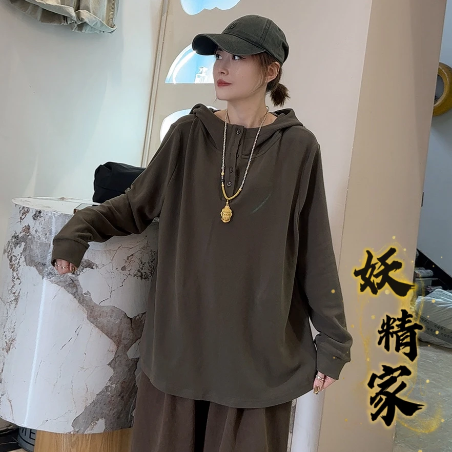 90038【妖精家】休闲弹力棉刺绣连帽秋款新款半扣宽松套头衫