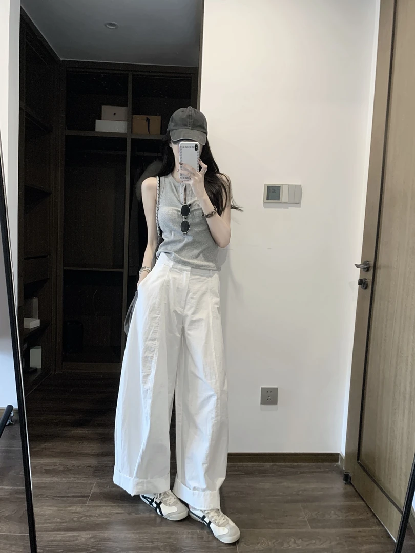 2025春夏季新款修身显瘦气质时尚设计感无袖上衣休闲直筒宽松长裤