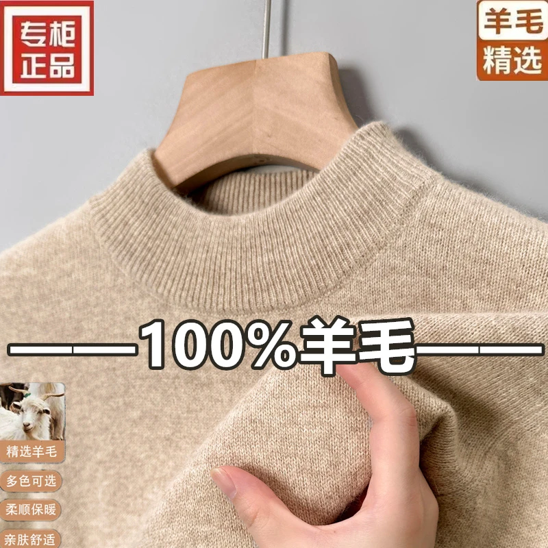 【专柜正品】100%羊毛半高领毛衣男士秋季保暖休闲青年打底针织衫