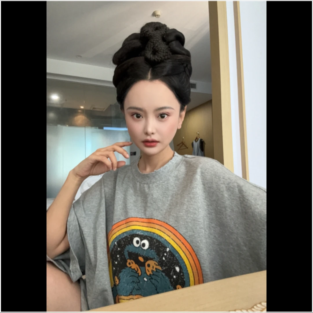 LLL 芝麻街做旧卡通印花宽松圆领轻薄短袖T恤裙