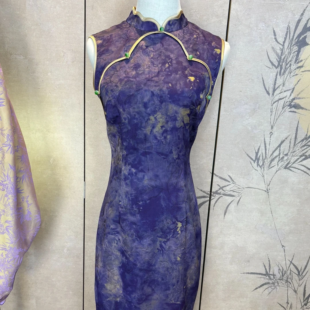 LHMknk1画报夫人原创自制改良夏季显瘦港工无袖旗袍 紫不留