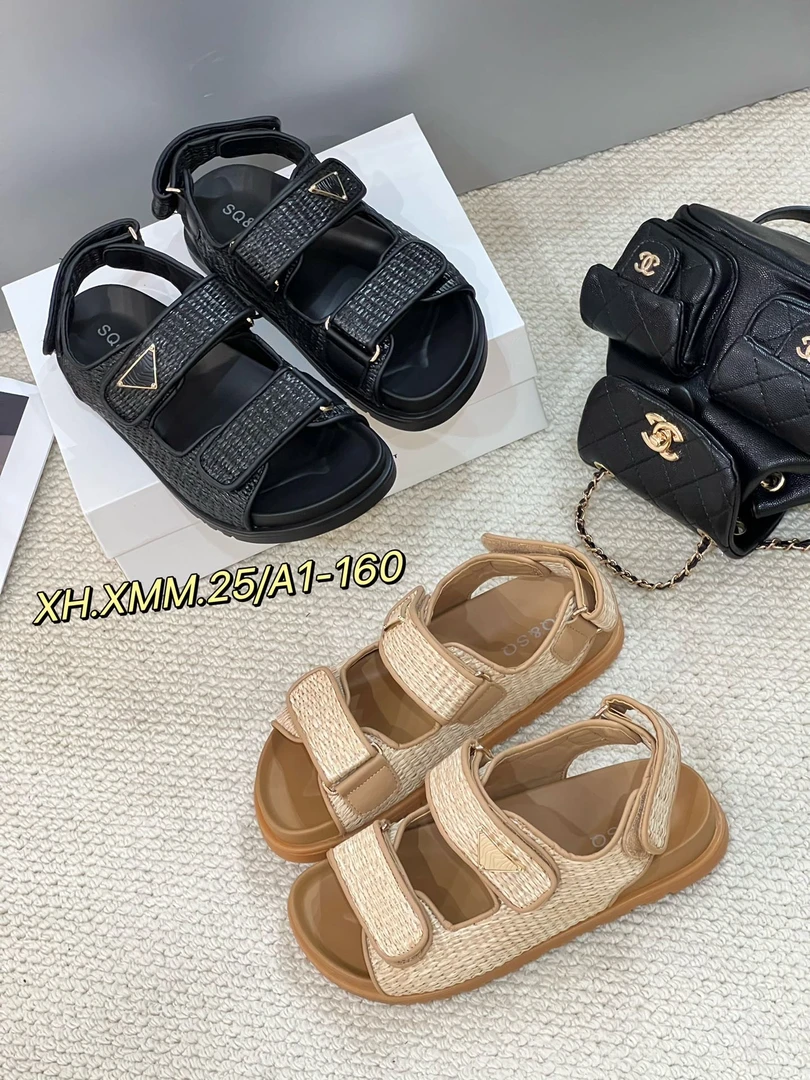 1-160露趾时尚轻便草编夏季透气镂空魔术贴黑色编织厚底休闲罗马