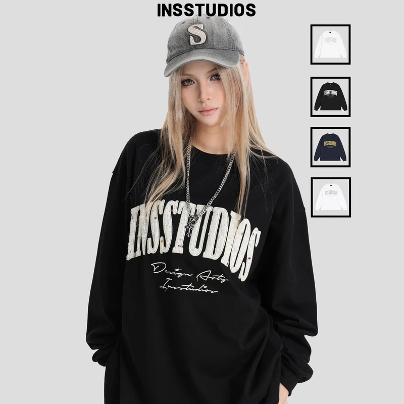 INSstudios国潮牌情侣美式彩点贴布刺绣LOGO长袖宽松春秋打底T恤