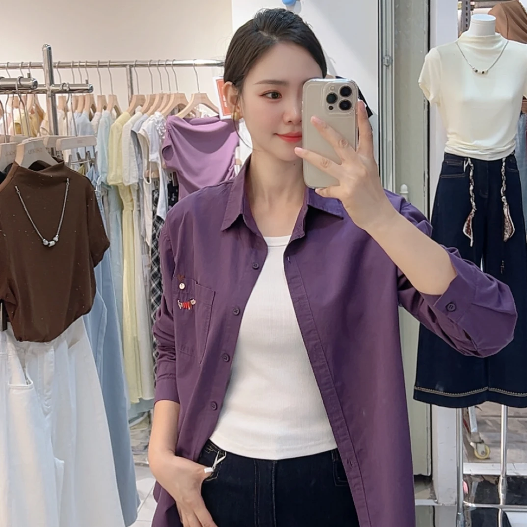 (时秀）春秋季新款宽松显瘦百搭纯棉长袖绣花文艺衬衫女衬衣网红