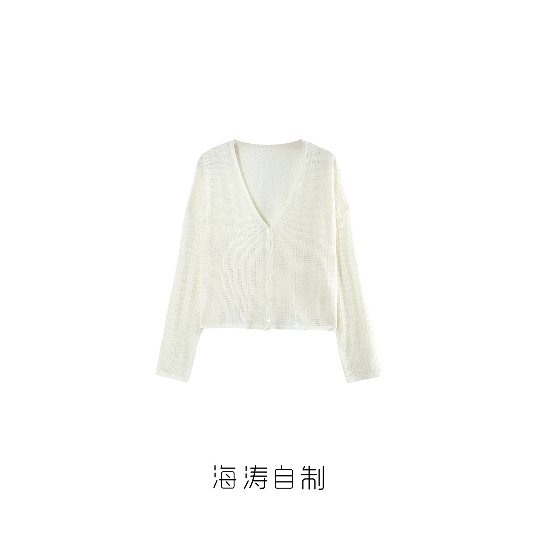 【海涛大叔】「星落白月」天丝桑蚕丝镂空雕花大V领长袖针织衫