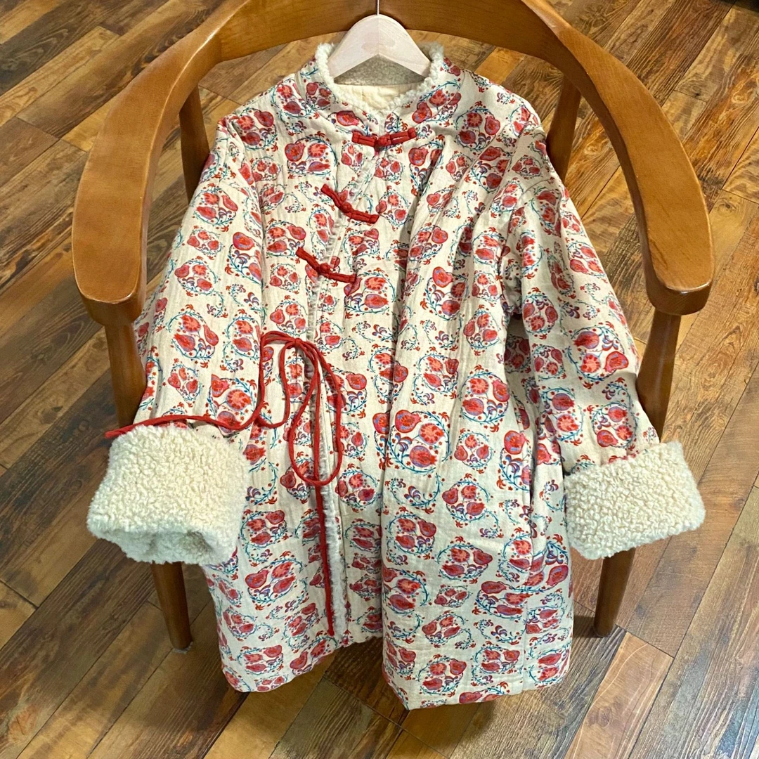 喜卓625666冬季新款国风拼接毛毛领年款石榴花新中式棉衣