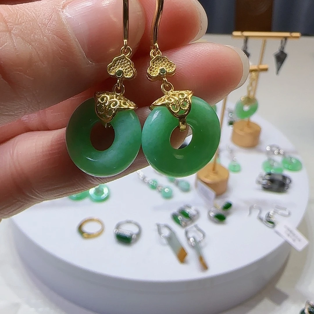 翡翠耳饰银S925镶嵌天然缅甸a货翡翠