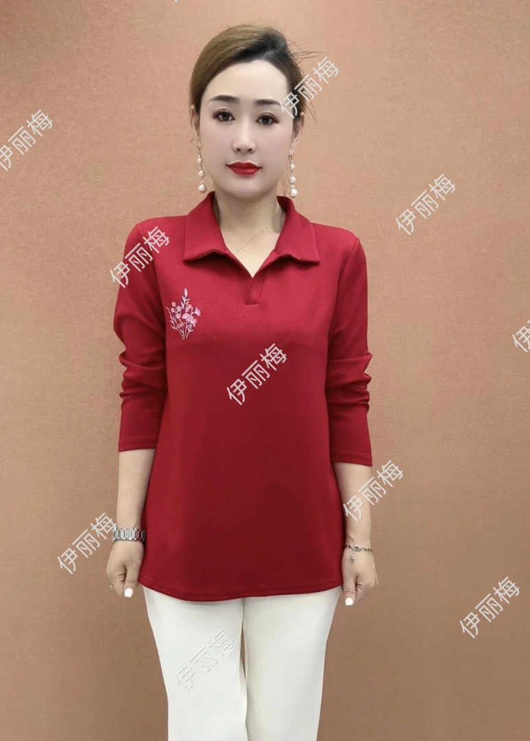 秋季新款时尚妈妈装方领时尚大码洋气刺绣绣花遮肚显瘦长袖百搭的