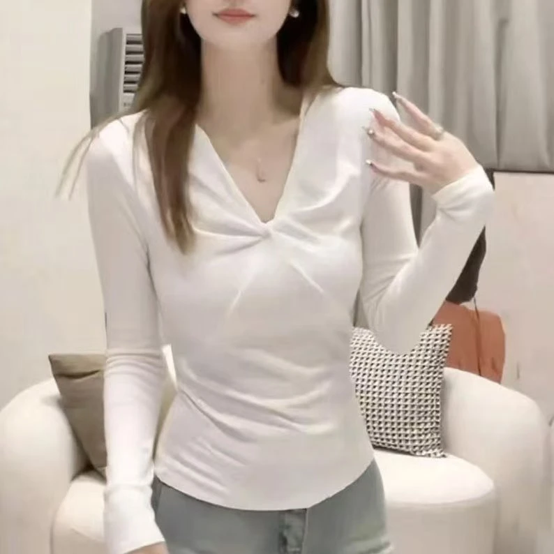 法式V领扭结高端上衣女装韩系早秋穿搭打底衫长袖修身时尚内搭t恤