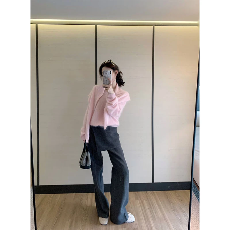 秋季小众设计感简约风修身显瘦百搭时尚上衣休闲宽松直筒长裤套装