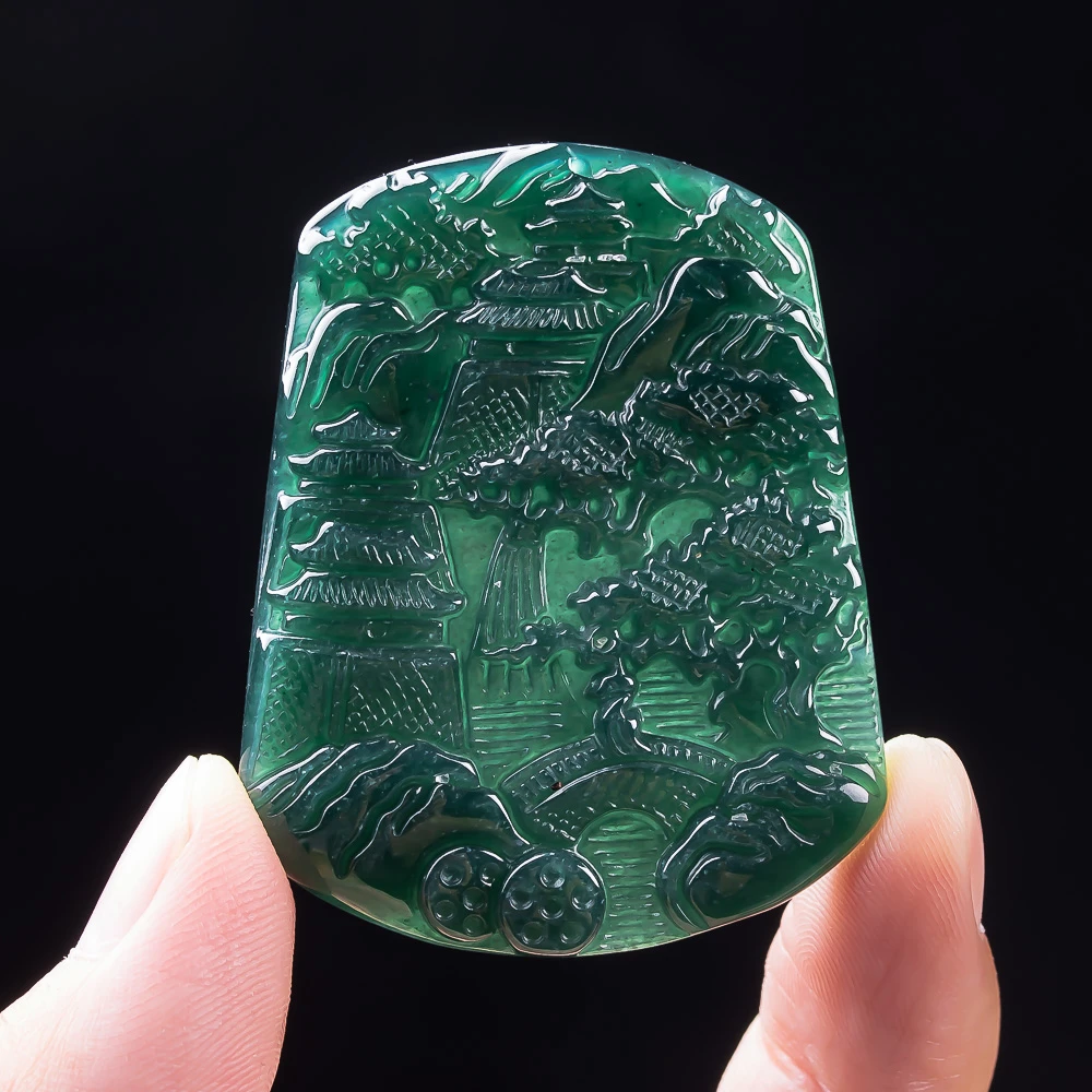 天然翡翠A货蓝水山水牌吊坠挂件